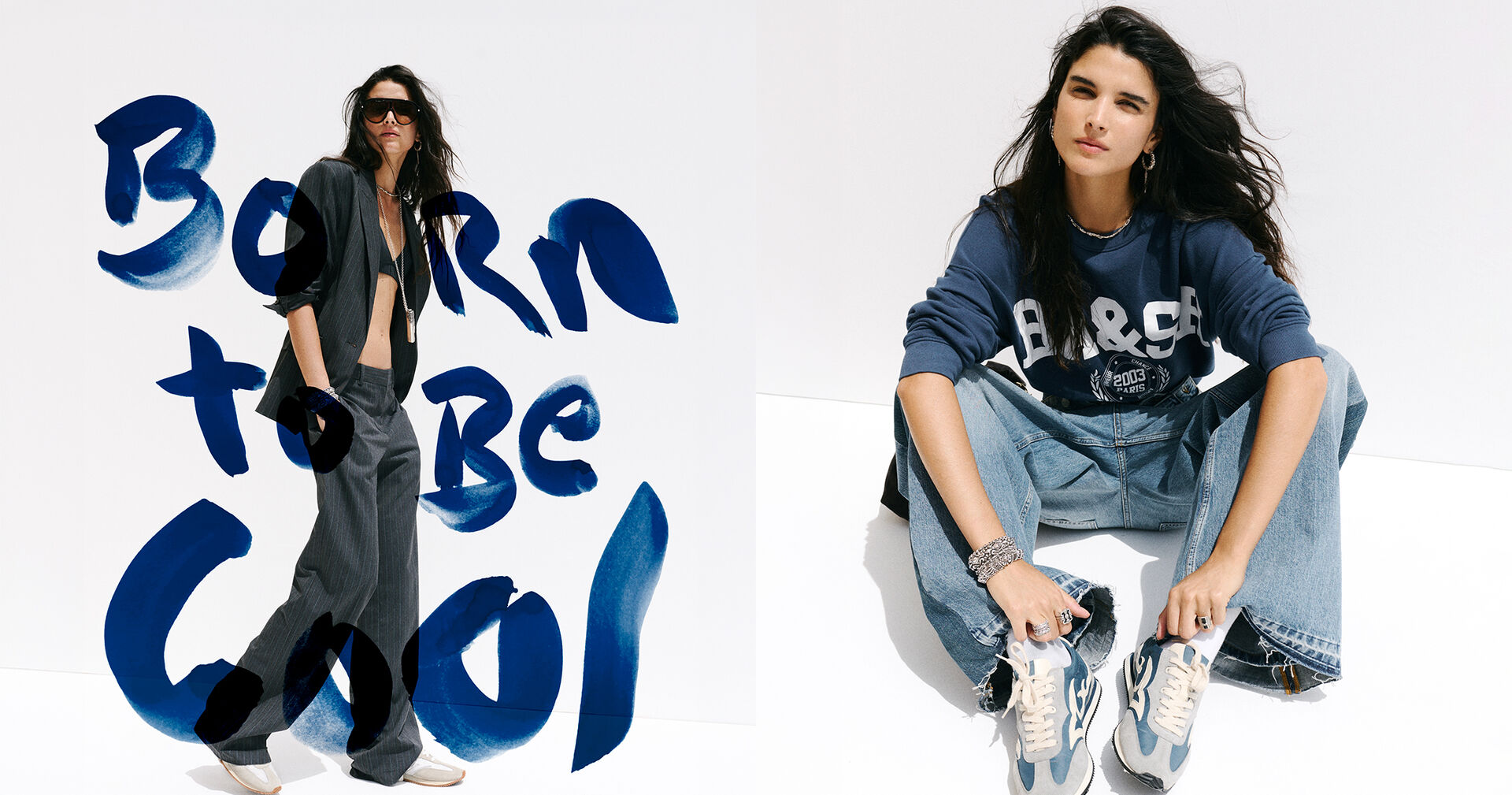 A model wearing a striped outfit with sunglasses, a necklace, and sneakers. Featuring the &ldquo;Born to be cool&rdquo; logo