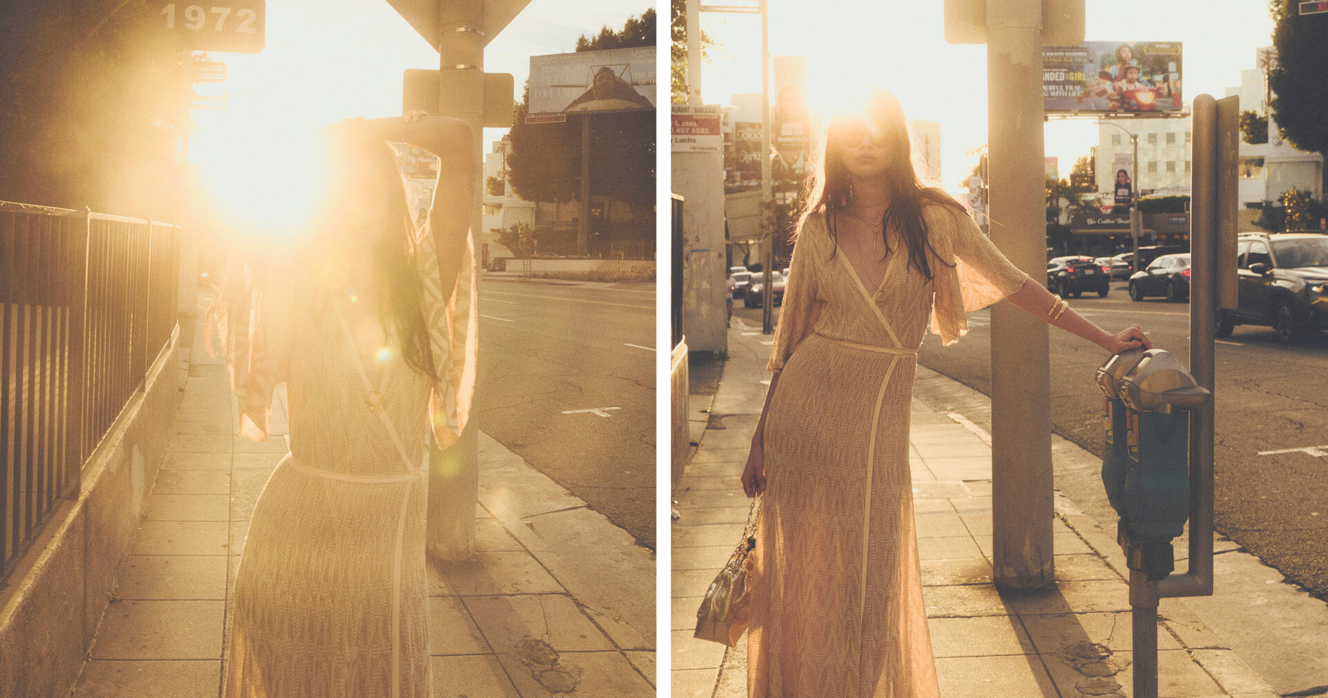 A model wearing a beige dress