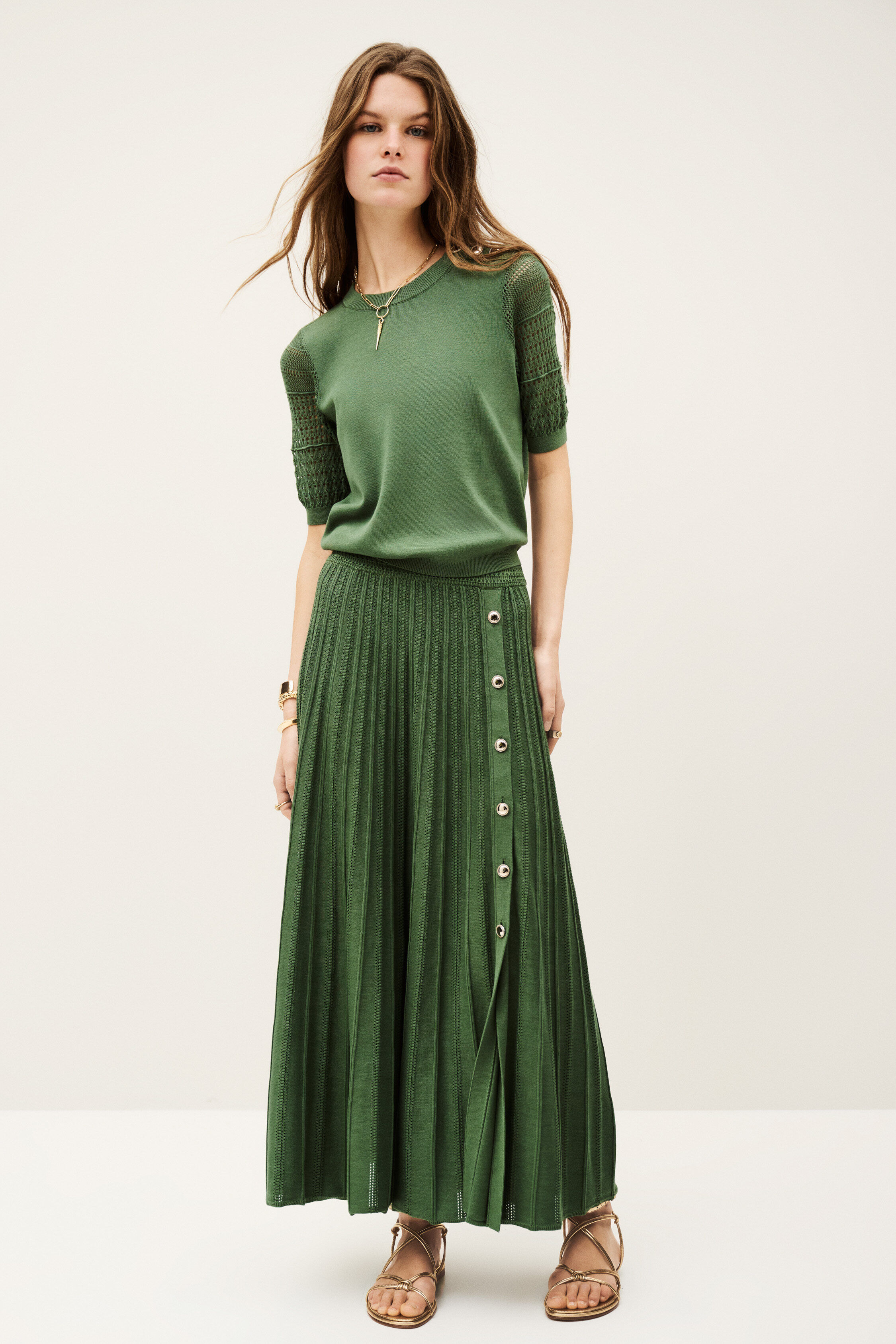 【BAON】Sherden pleats midi skirt Women's White and Black Horizontal Striped Long Sleeve T