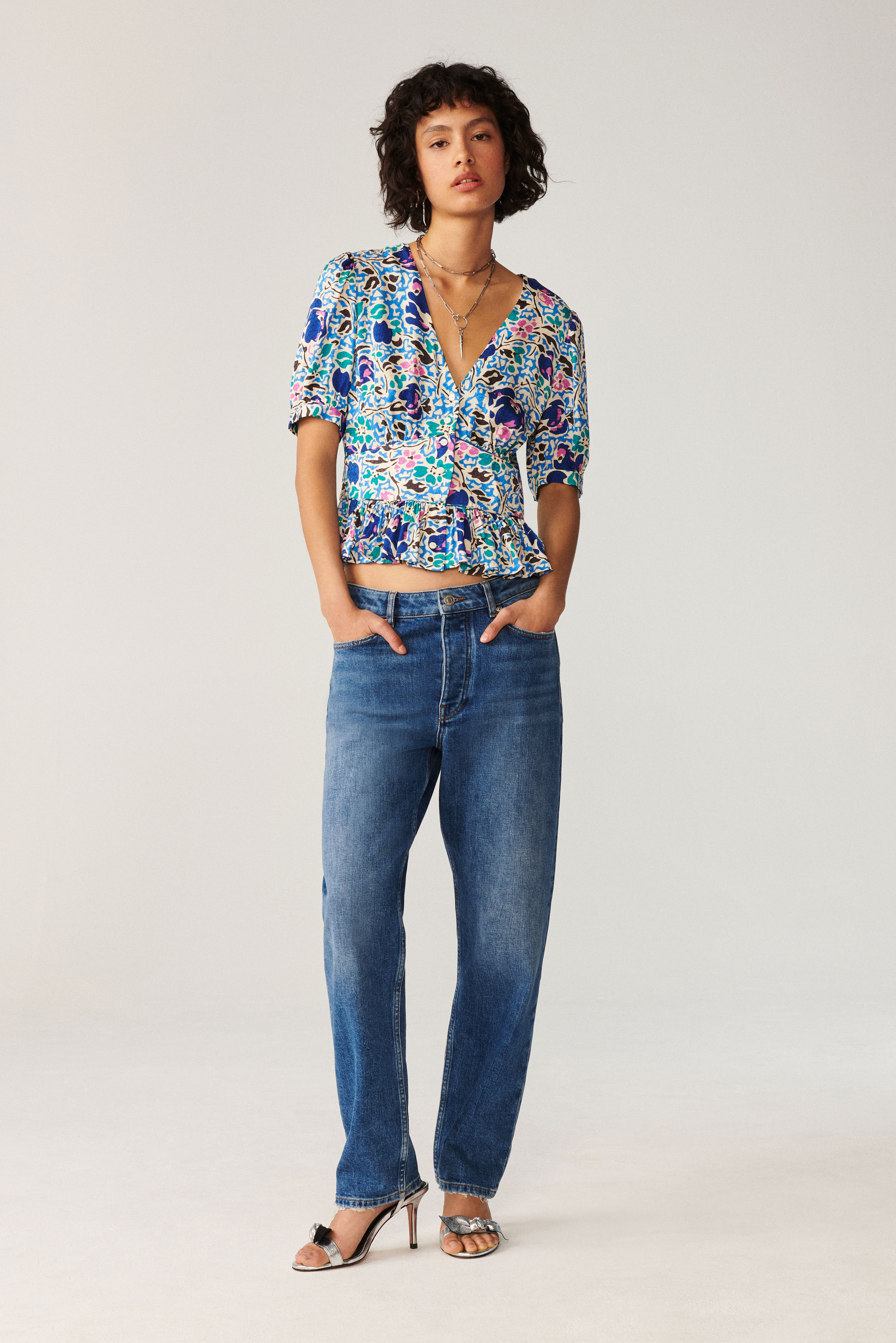 Blue Floral Burn out Valvet A-line Shirts Style Top