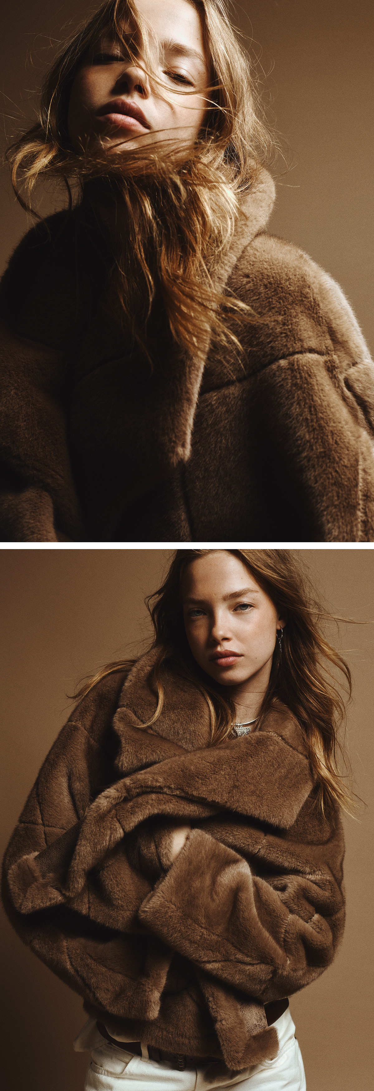 Stylish woman wearing an oversized brown faux fur coat posing against a warm beige background — luxury winter fashion outfit inspiration.