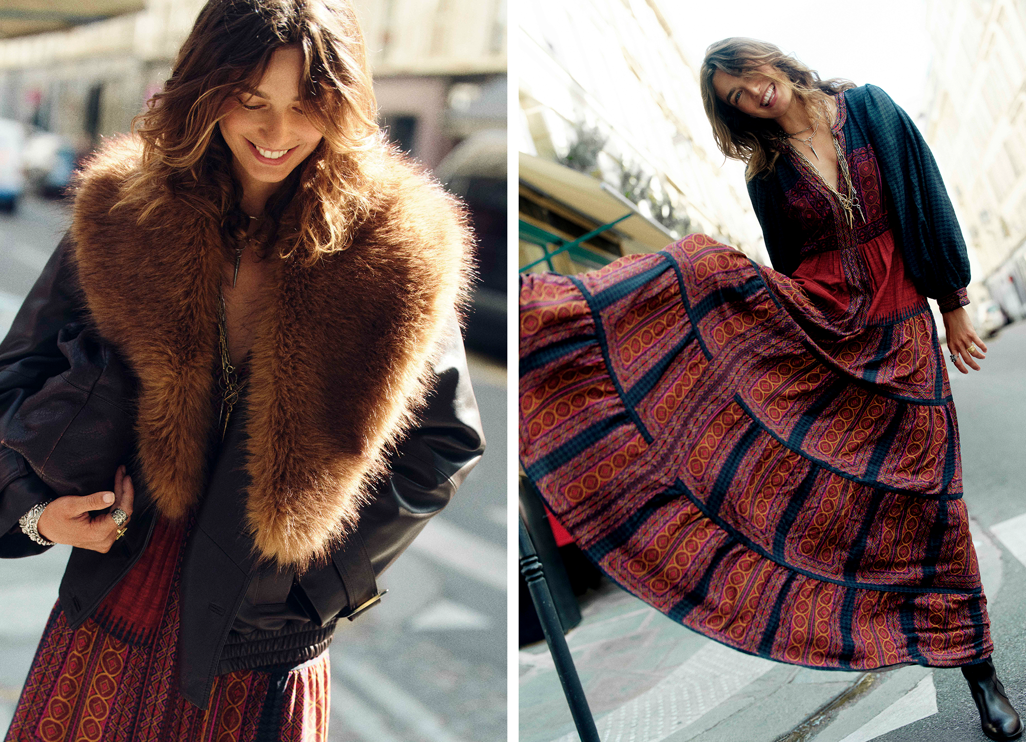 Andreea wearing a printed dress and a fur coat