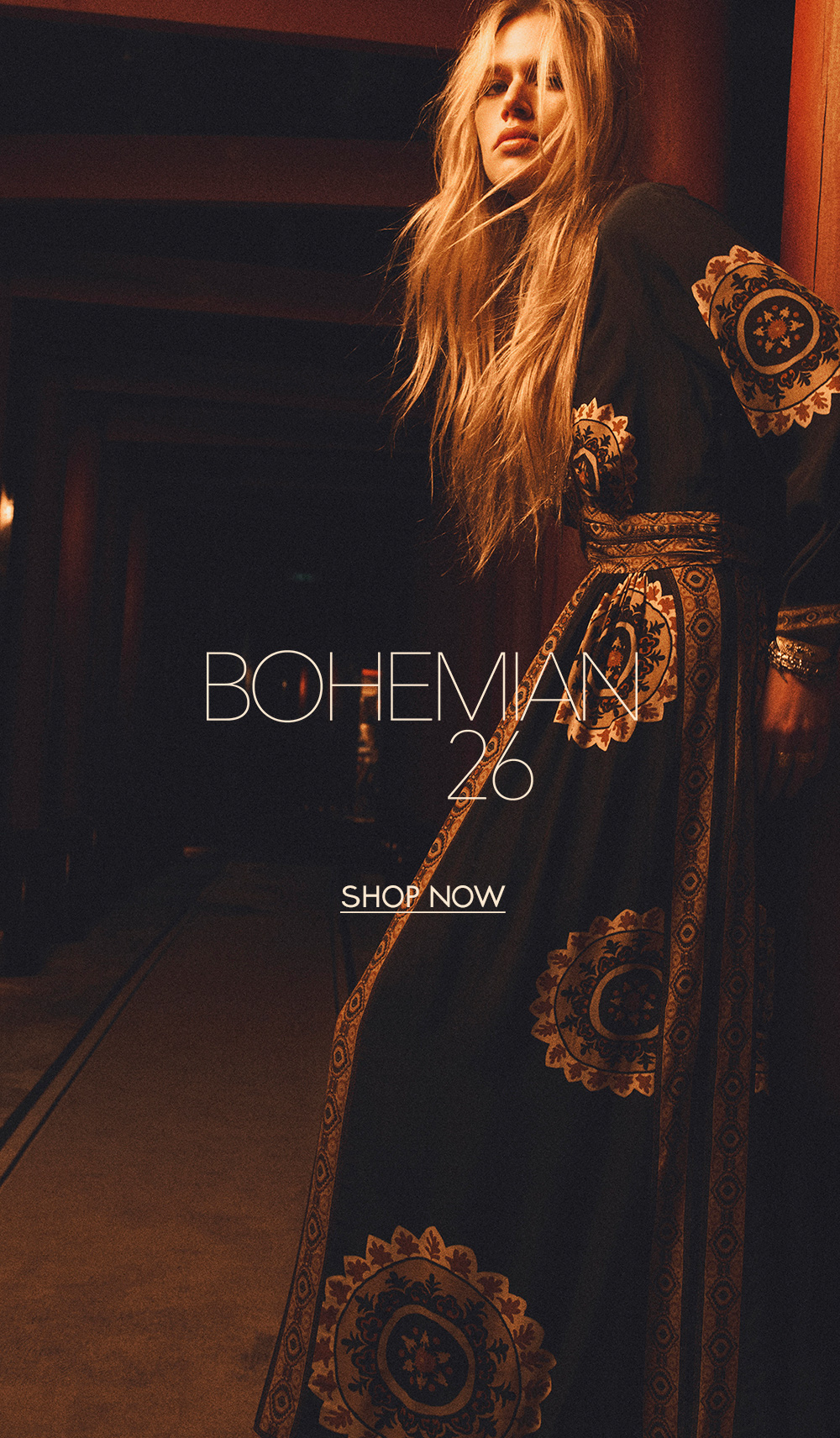 A model wearing a long dress with printed