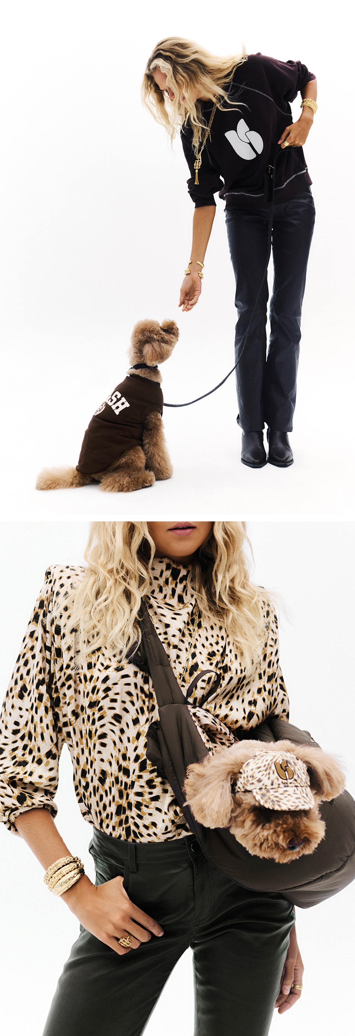 The first dog is wearing a sweater with the ba&sh logo, and the second one is settled in the bag and wearing a cap. 
