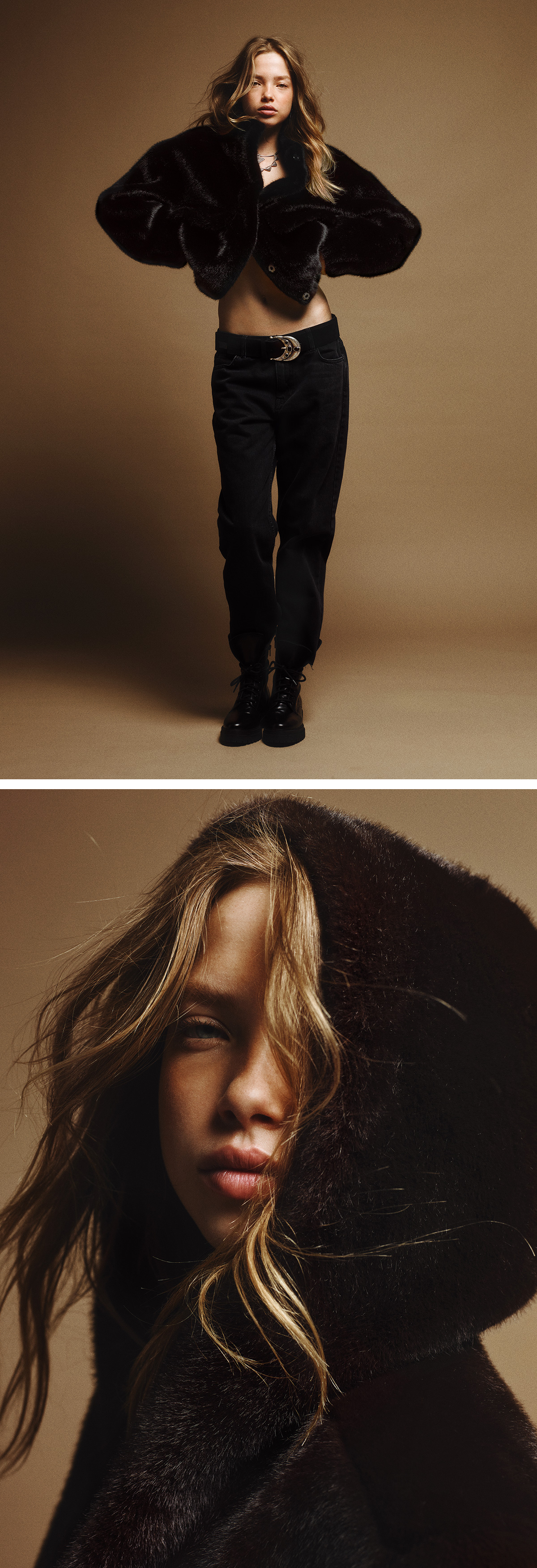 Model wearing an oversized black faux fur coat