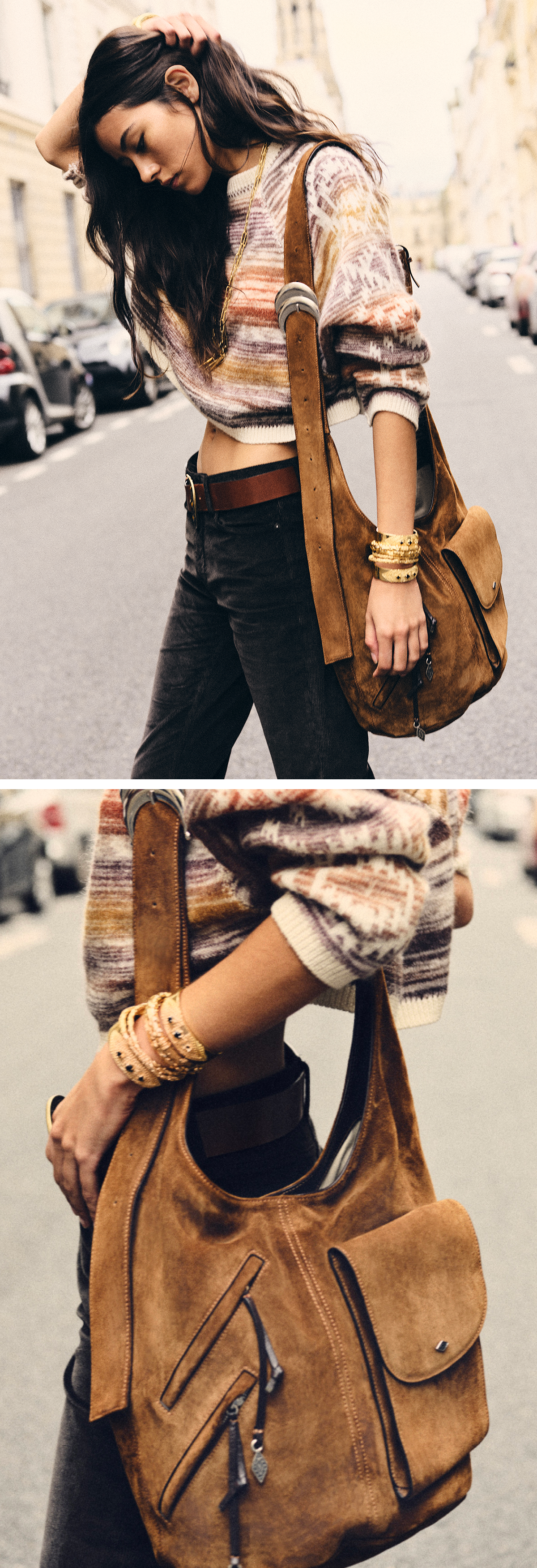 Brown hair model wearing a knitted colorful cardigan and the new iconic cognac bag Youyou