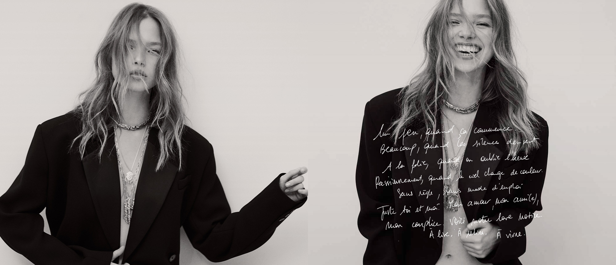 Blonde model wearing a black blazer and ba&sh necklaces