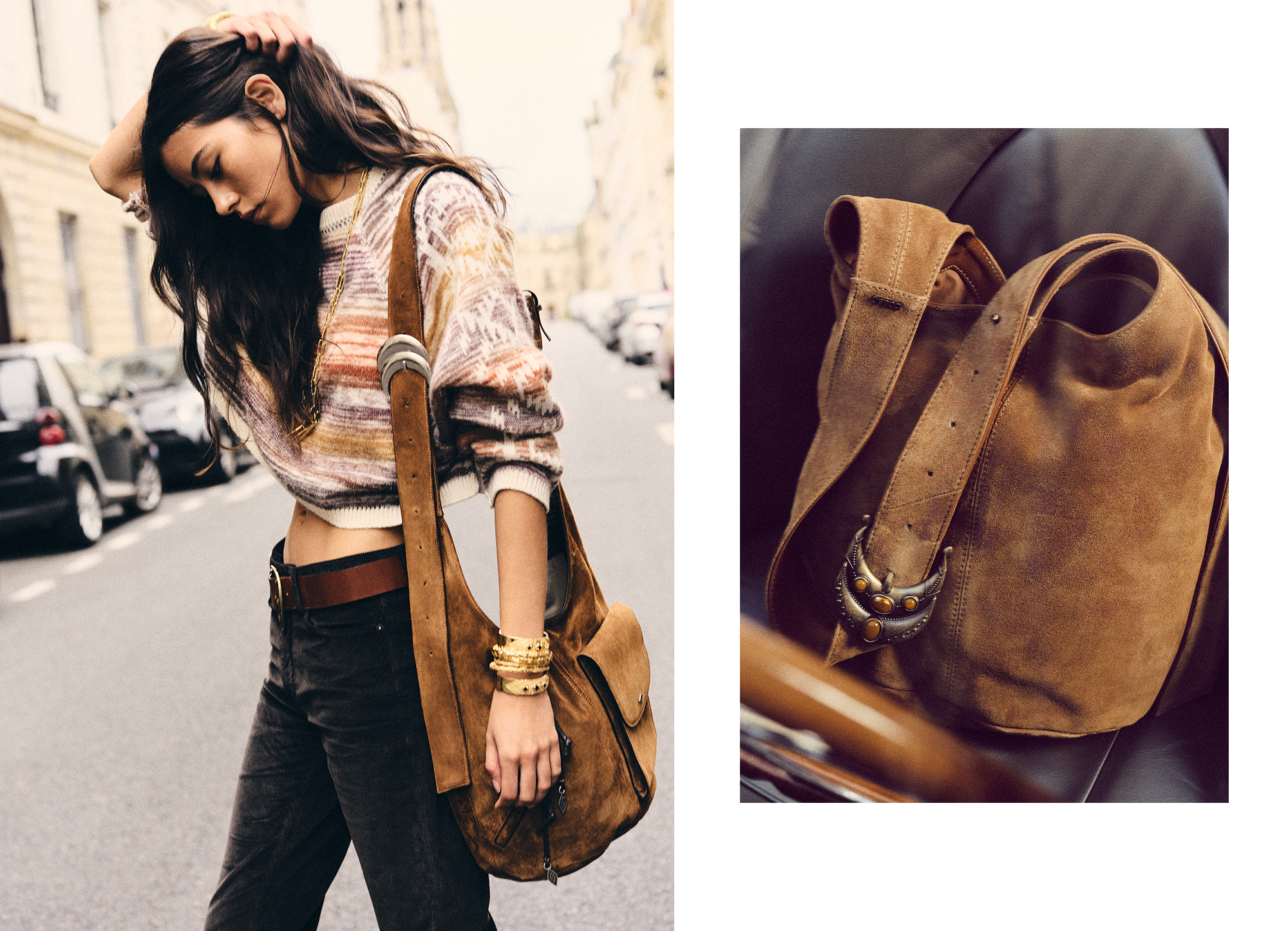 Long brown hair woman wearing printed cardigan and the new iconic youyou bag