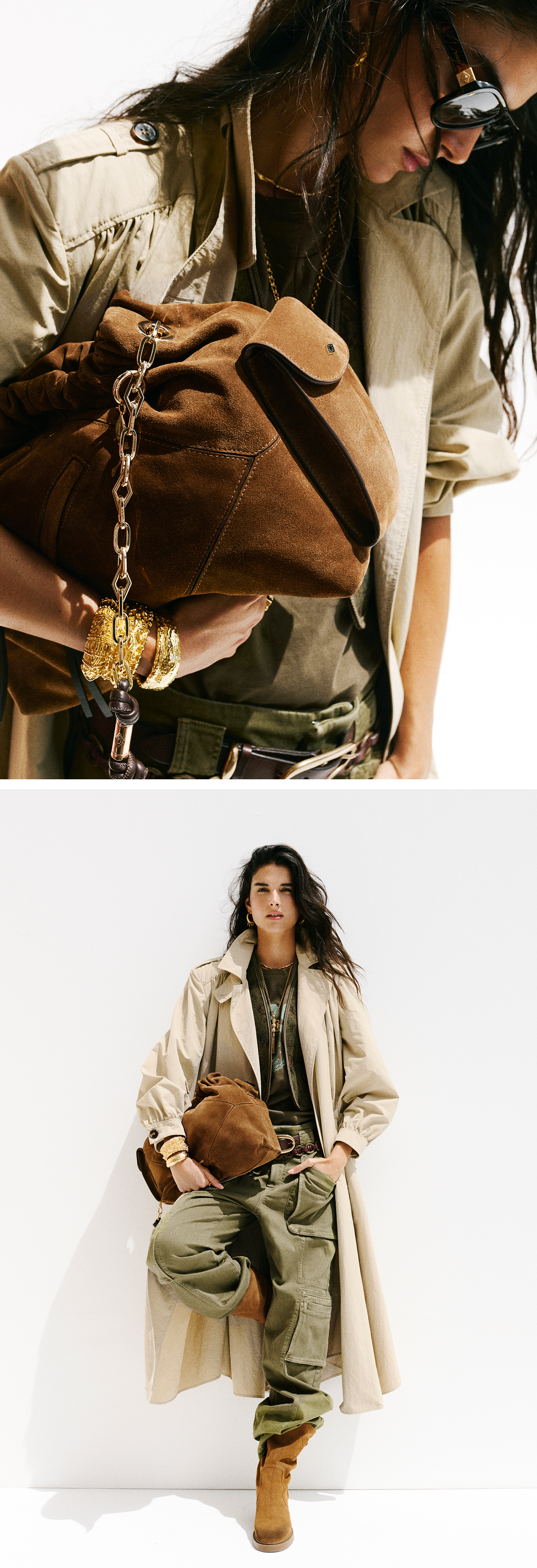 a model wearing the new trench and the new bag june multipocket 