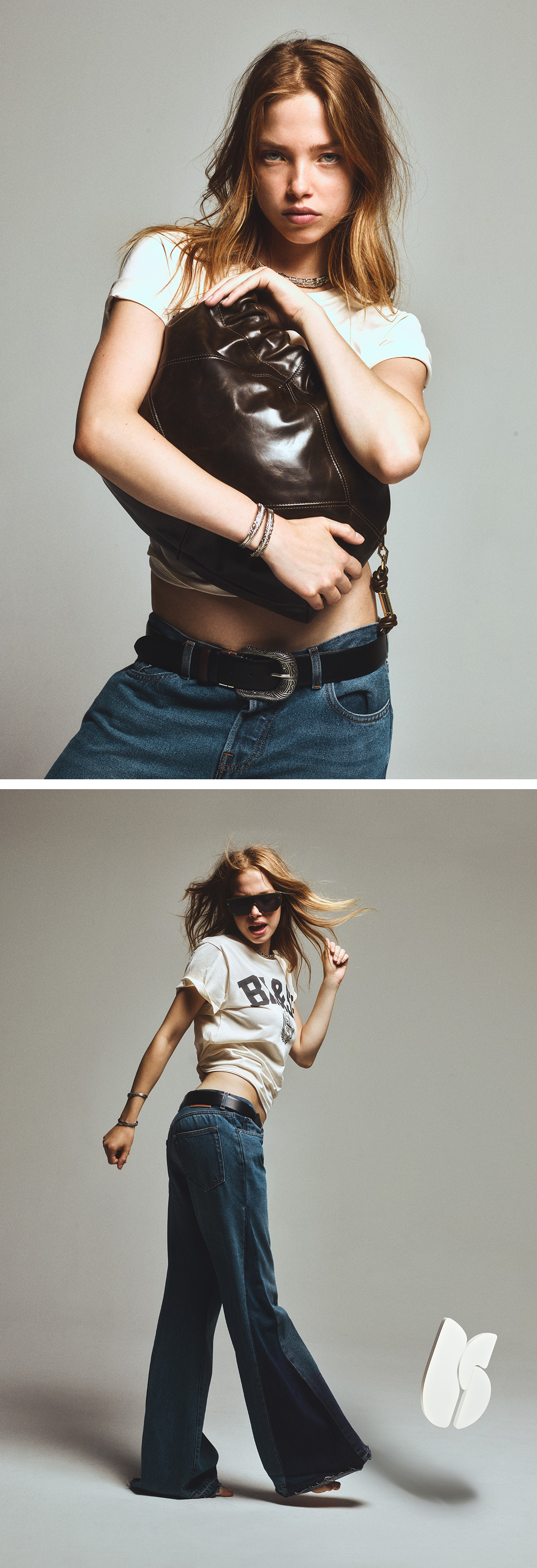 Blond model wearing bleu denim, white t-shirt and brown iconic june tote bag