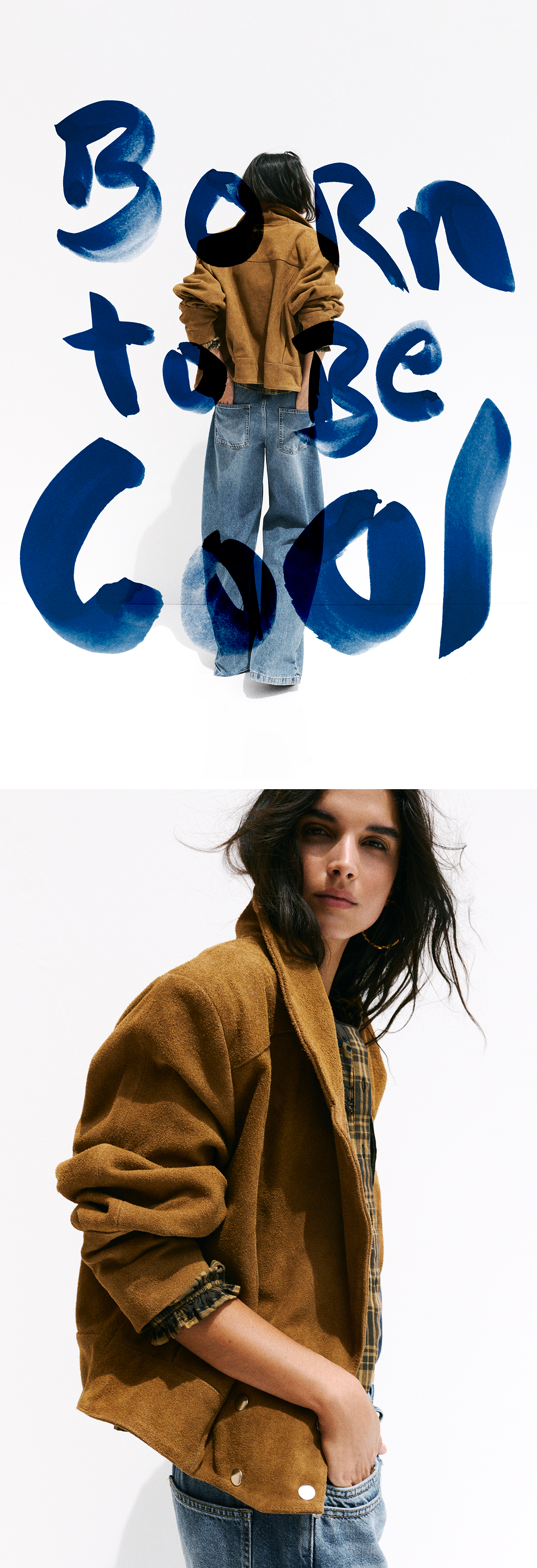 a model wearing a brown jacket and born to be cool logo