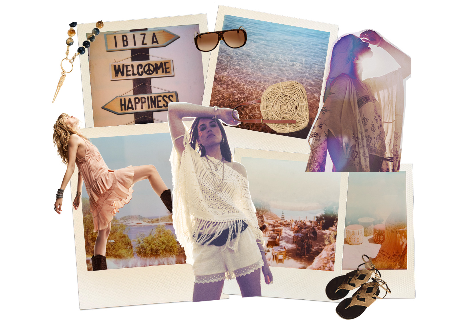 Mood board featuring vintage-style Polaroid photos of Ibiza alongside bohemian fashion and accessories, including two women in flowing outfits, sunglasses, a woven handbag, sandals, and jewelry. The collage combines coastal scenery, crystal-clear water, sunlit terraces, and warm, faded tones to evoke a relaxed Mediterranean summer aesthetic