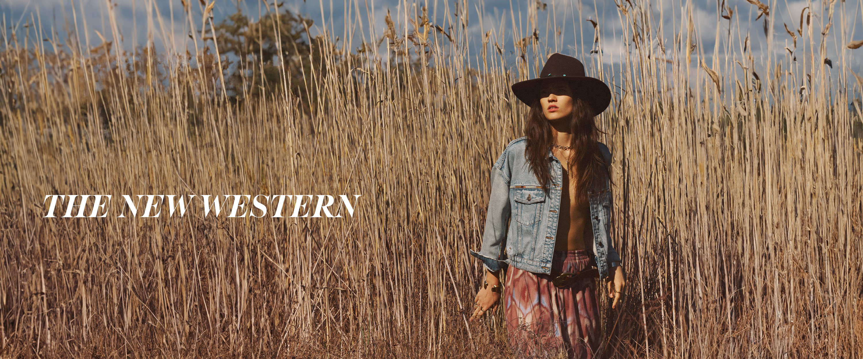 ba&sh new collection AW24, The new western. Denim jacket, printed dress and western hat