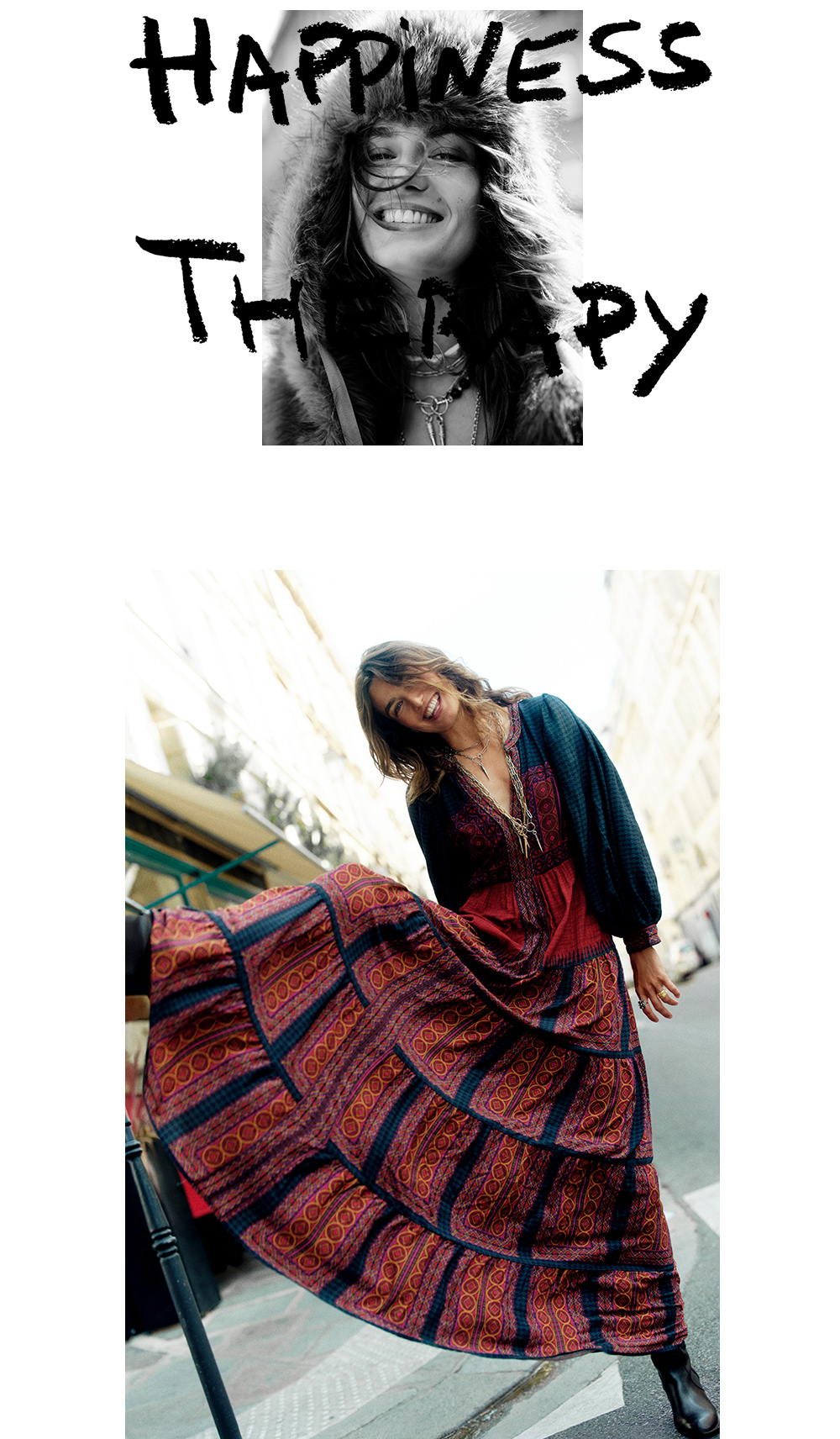 The model is wearing a long dress