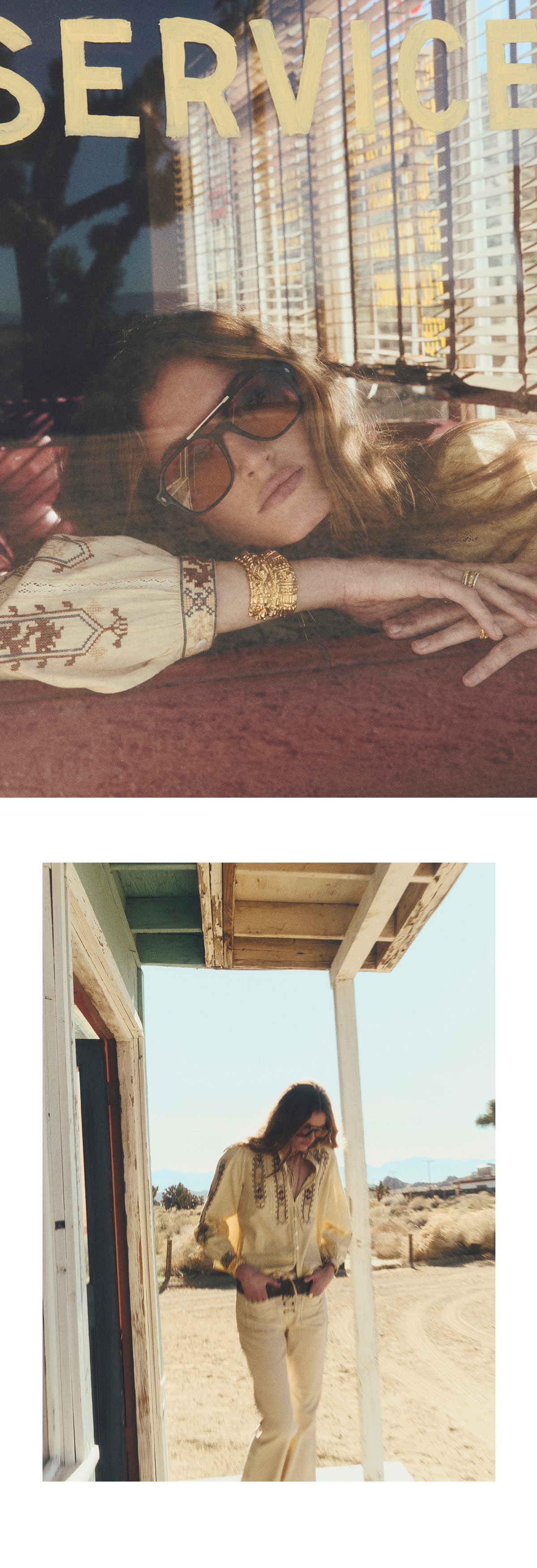 Motel California, the new ba&sh spring collection. A woman wearing ba&sh sunglasses and an embroidered top