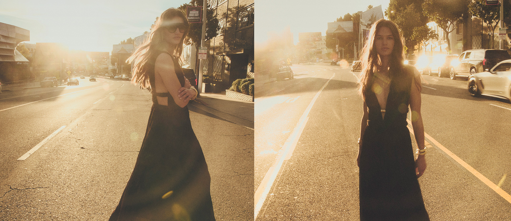 A model wearing a brown dress in the street