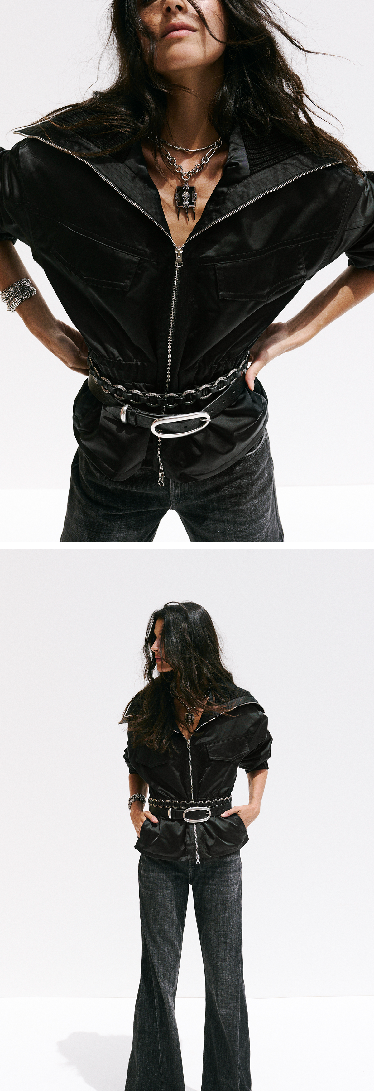 a model wearing a black jacket 