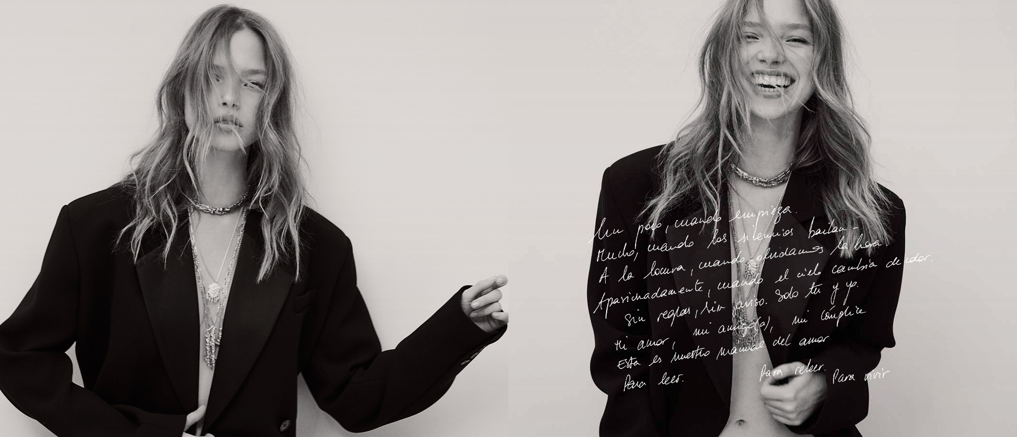 Blonde model wearing a black blazer and ba&sh necklaces
