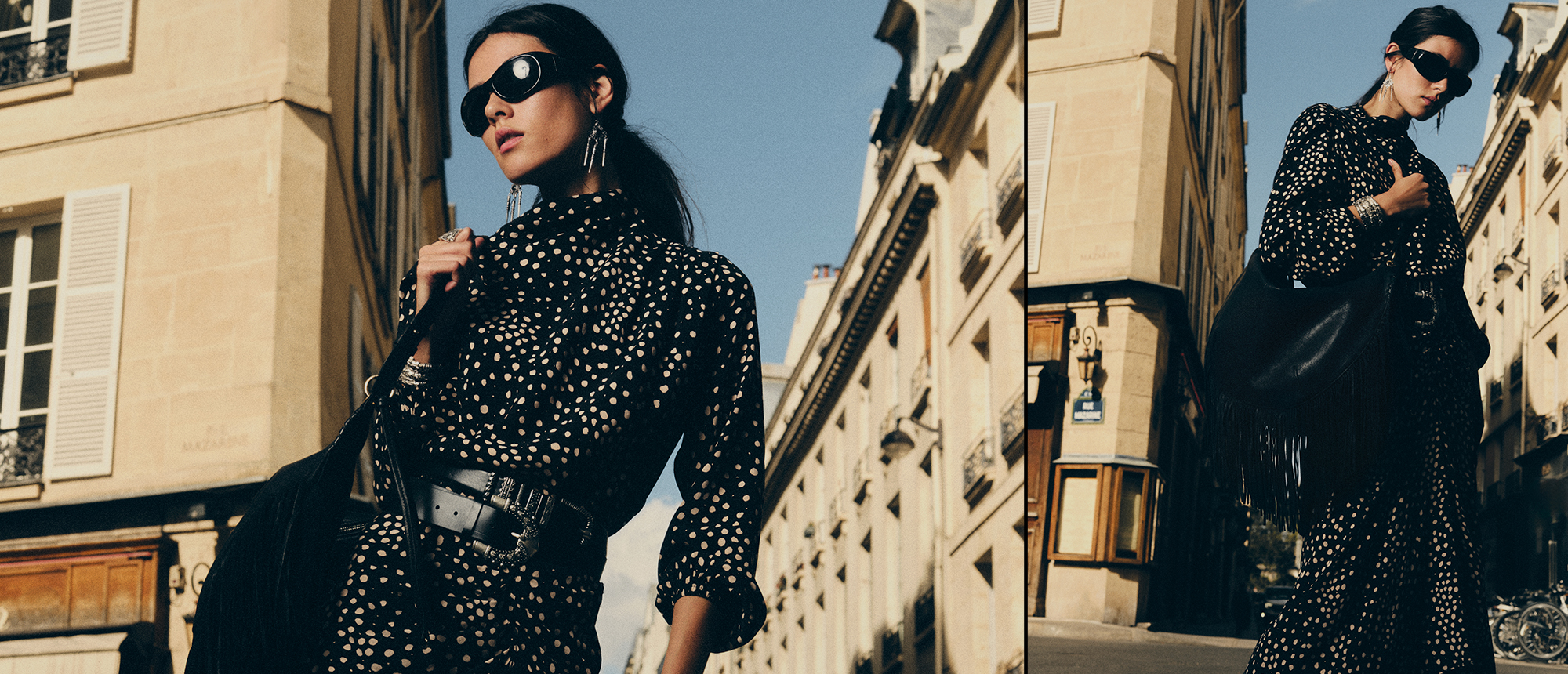 sale, woman wearing a jacket, white pants and sunglasses, the photo is in black and white. 