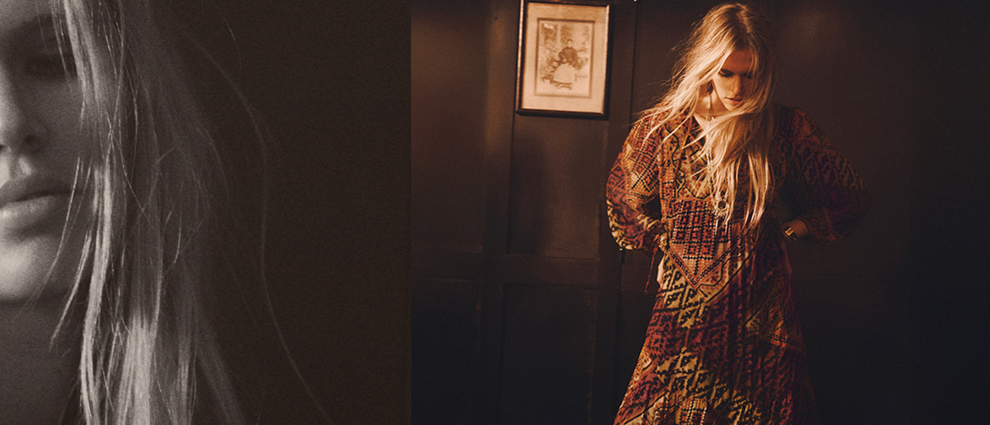 a model wearing a printed dress