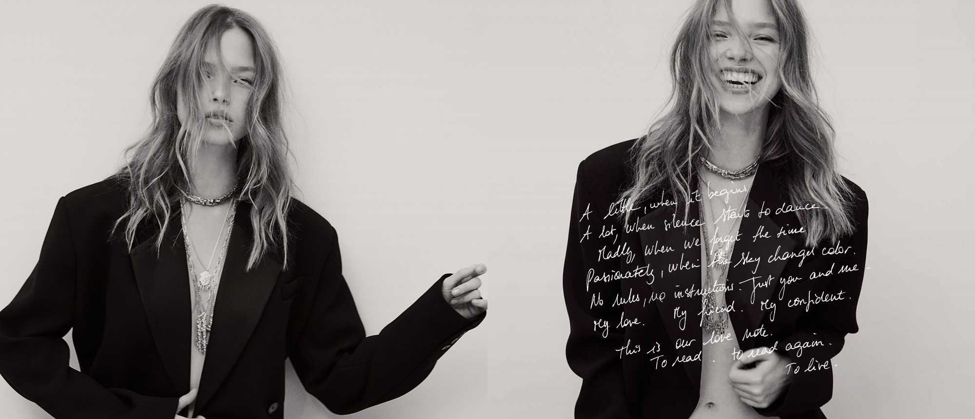 Blonde model wearing a black blazer and ba&sh necklaces