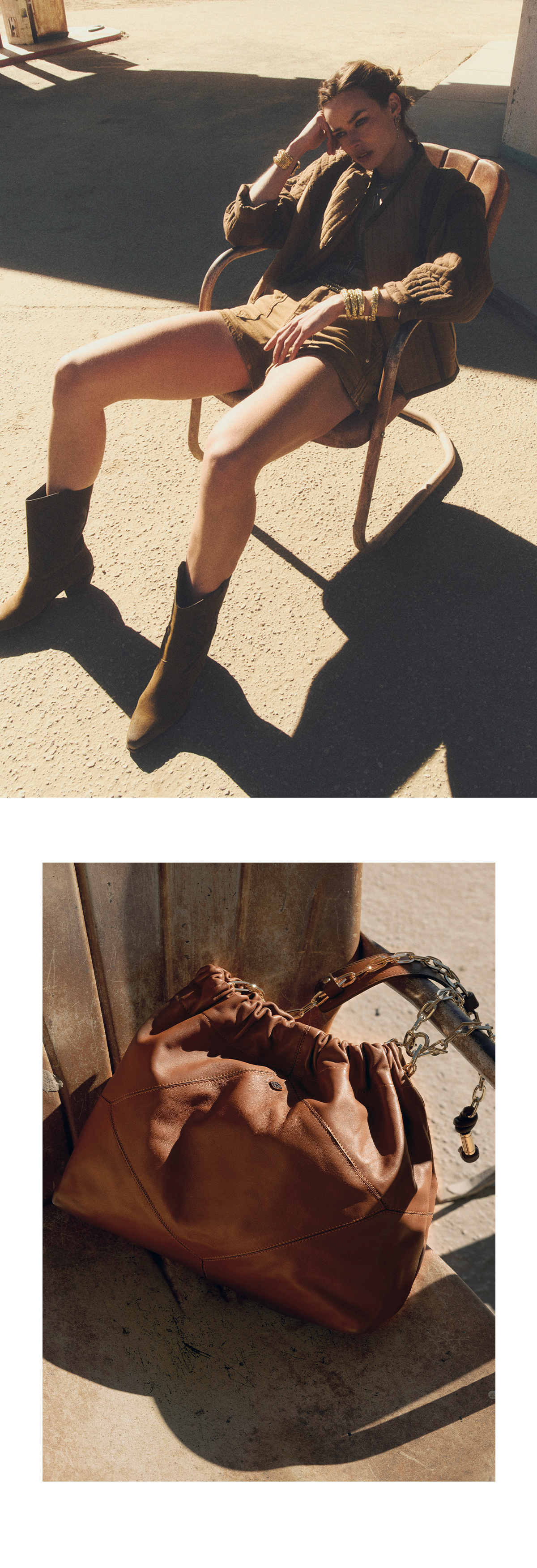 A model wearing shorts and a camel jacket sitting on a chair. In the second image, we see the new camel leather June jacket.