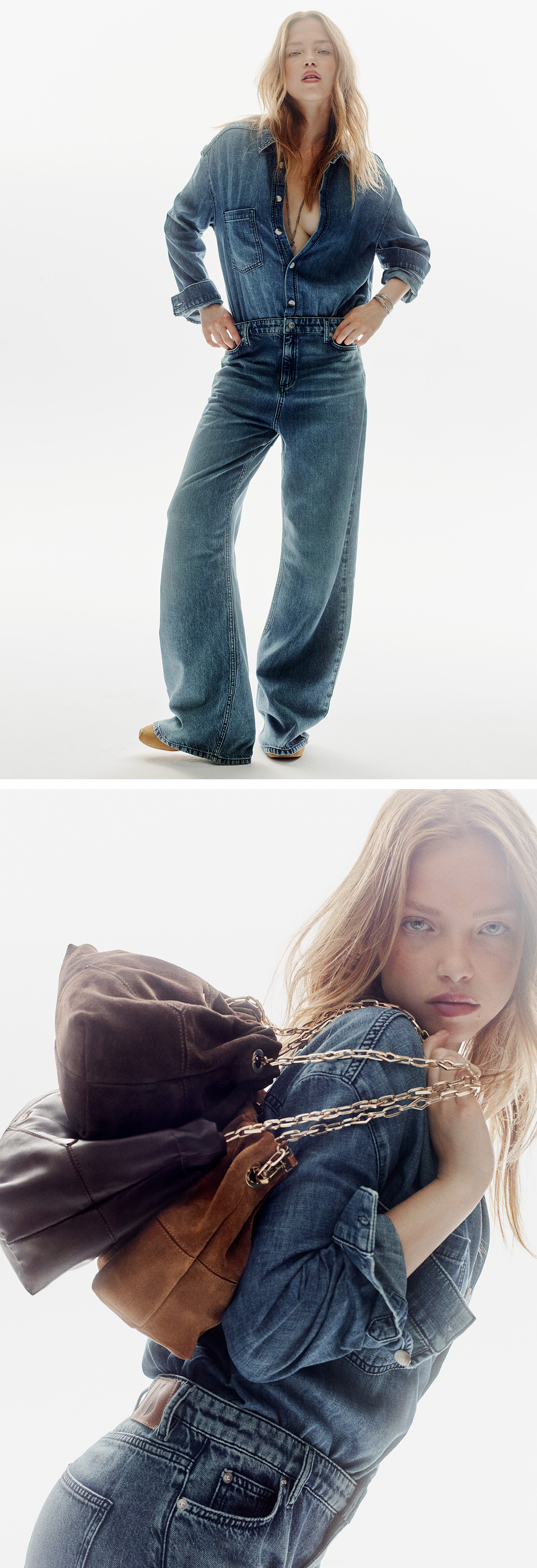 Blond model wearing a blue jean suits and the new three mini june tote bag