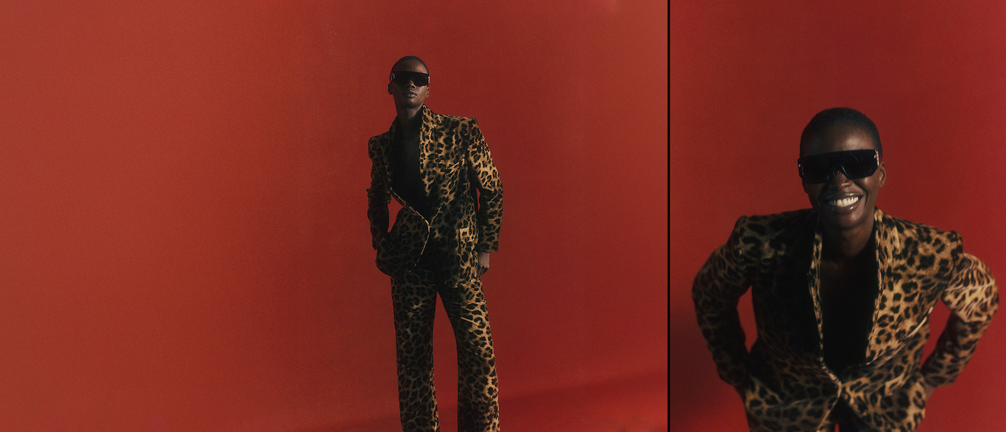 A model wearing a leopard-print outfit and sunglasses