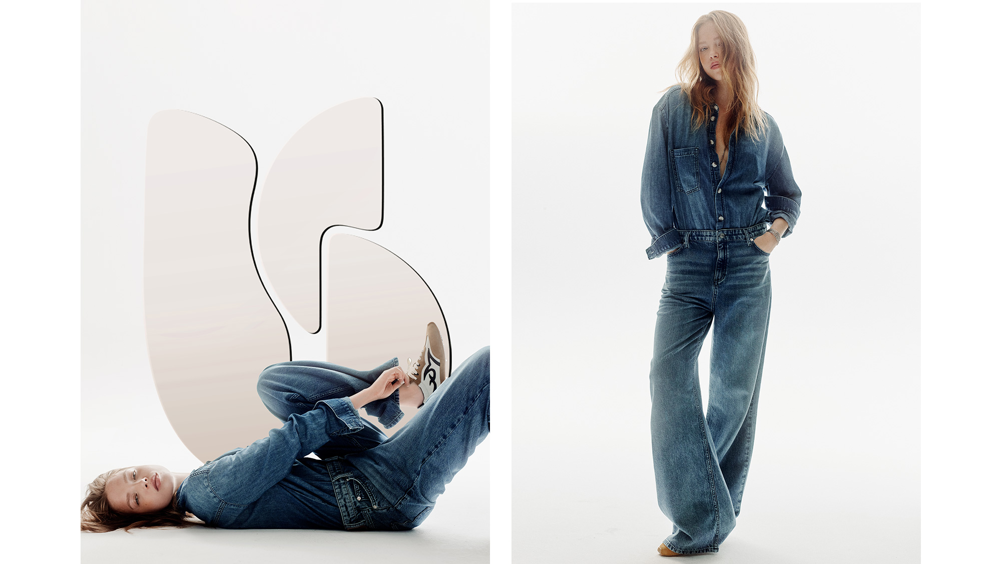 Model layed on her back, wearing a full denim look signed ba&sh with the logo as a background