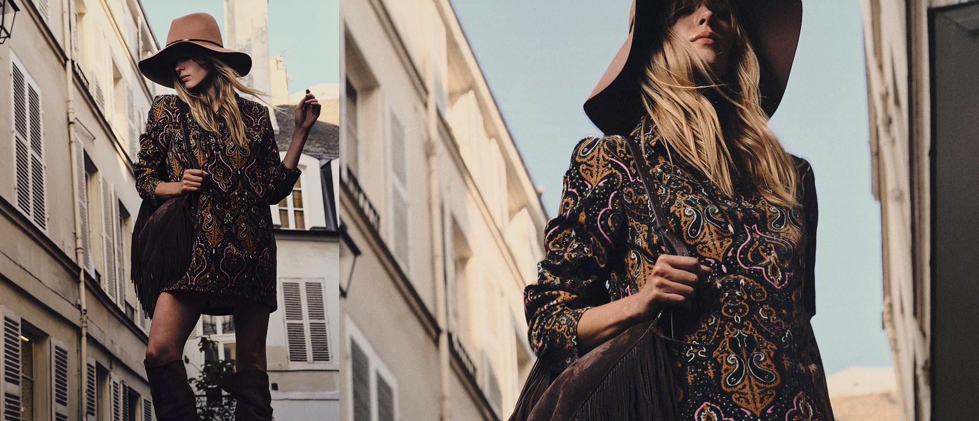 A model wearing a ba&sh dress with a seventies print, a hat and brown fringed swing shoes.