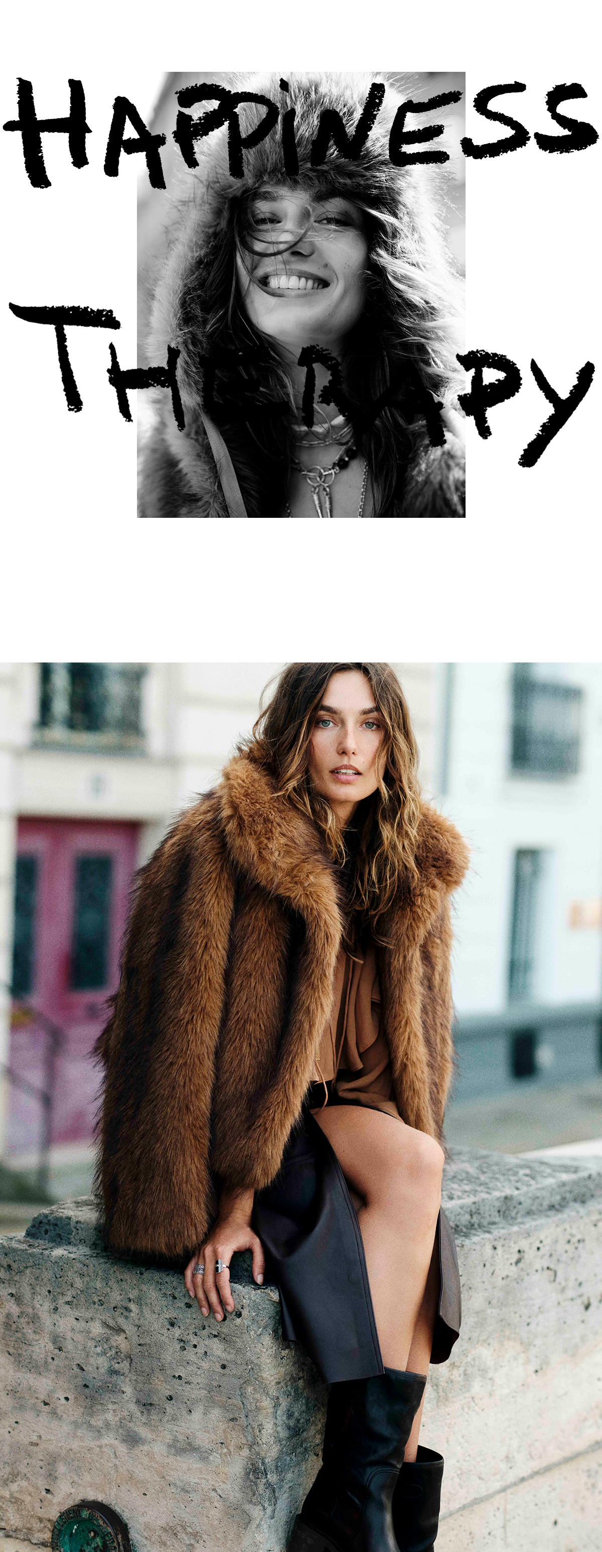 Andreea sitting in a ba&sh fur coat