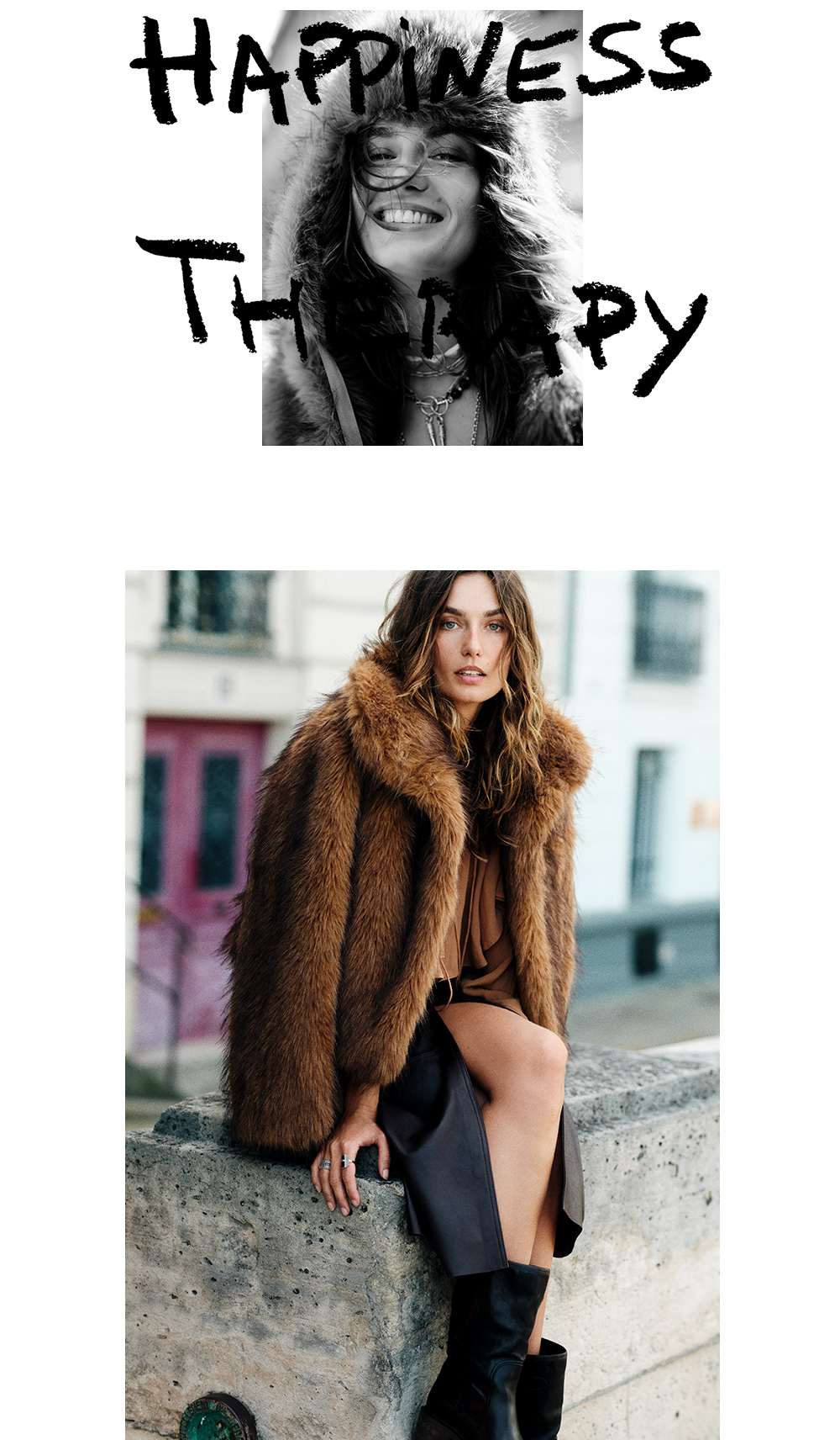 The model is wearing a faux-fur jacket 