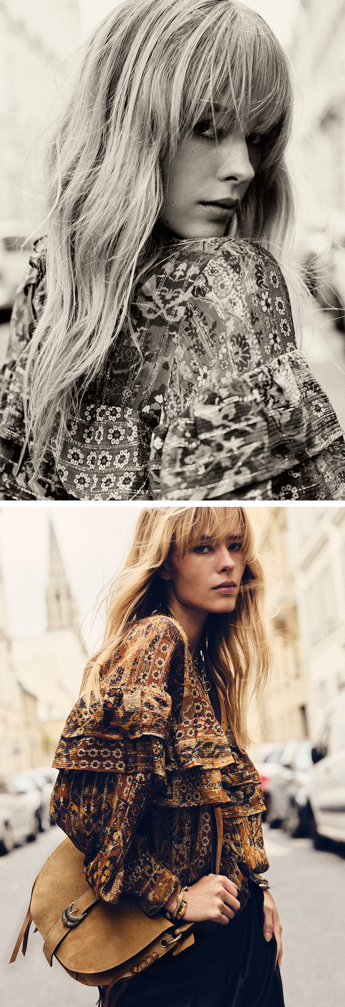 blond hair model wearing a printed blouse and the new iconic leather bag YOUYOU SADDLE