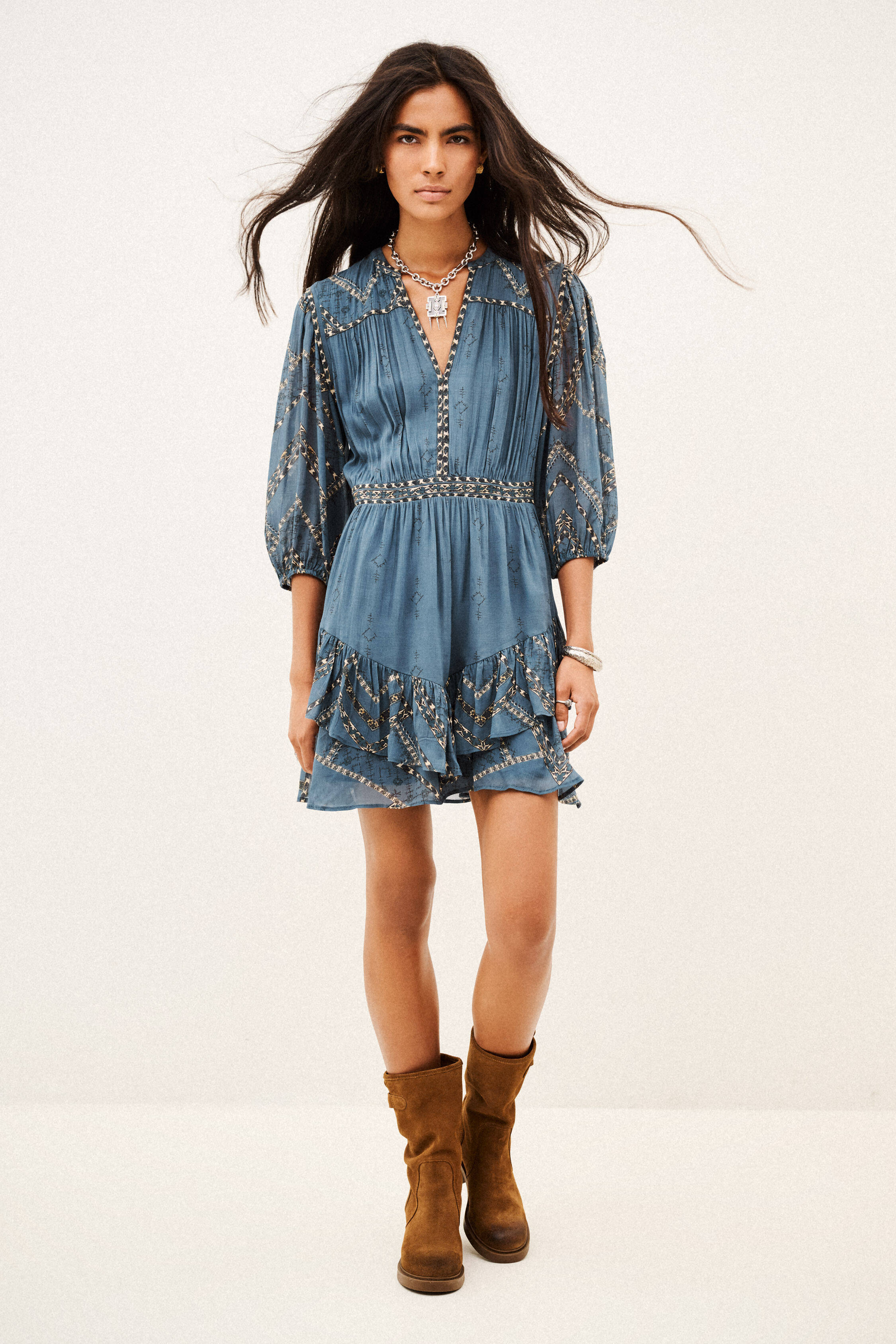 ba&sh blue dress - Long Sleeve V-neck Collar Poly for Women - neckline and metallic jewel