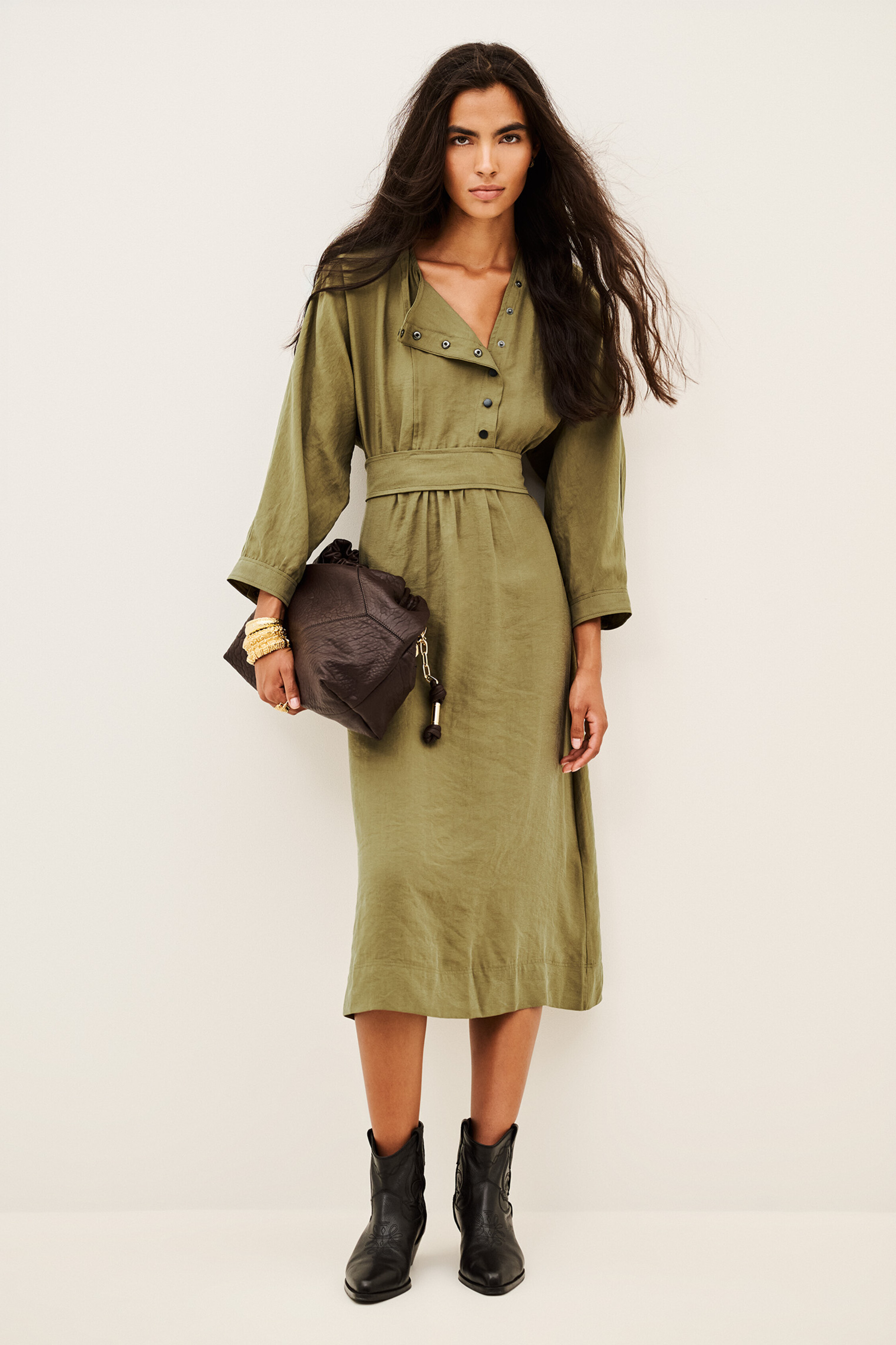 Ba&sh Long Sleeves Round Collar Dress Canny For Women In Green