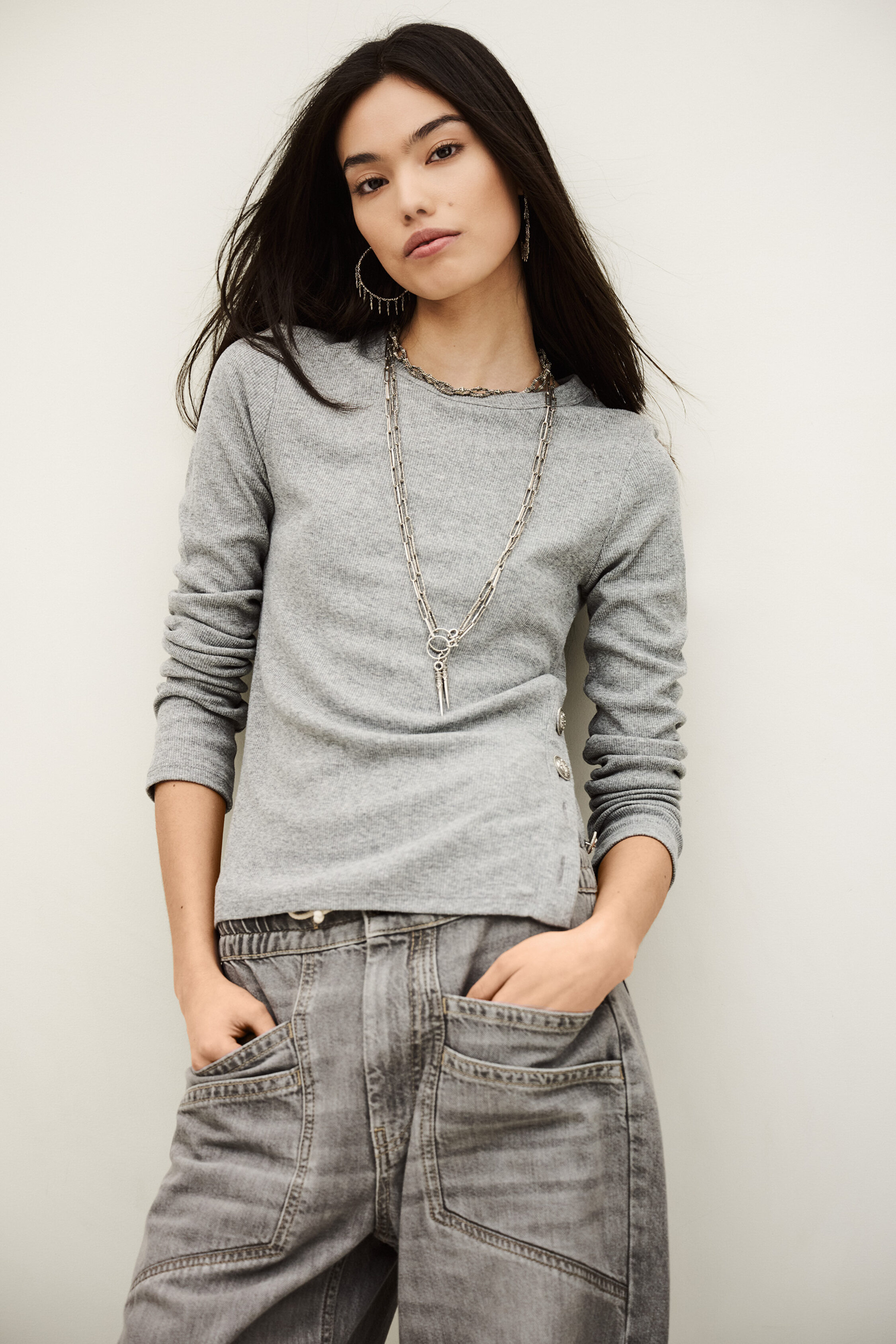 Ba&sh Long Sleeves Round Collar T-shirt Giulia For Women In Gray