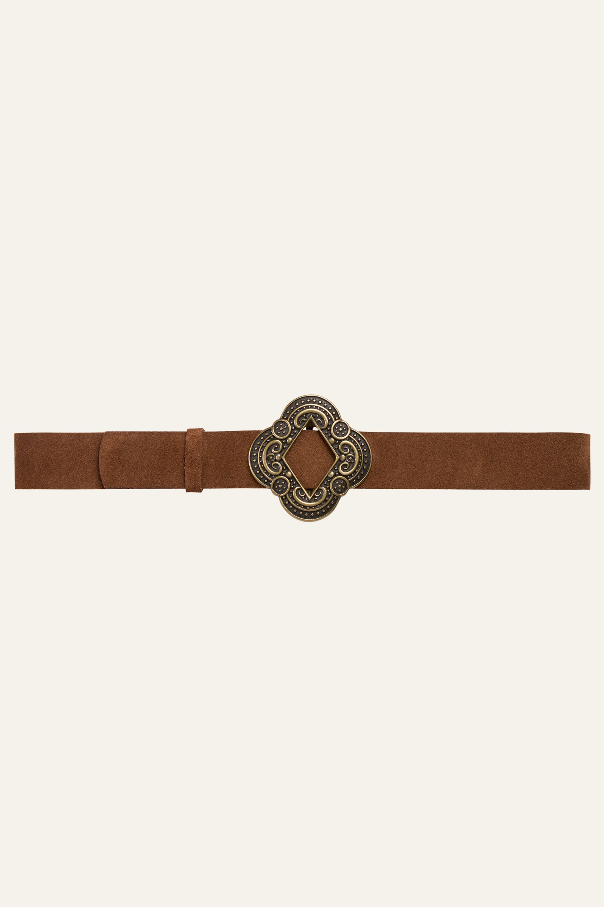 ba&sh Tan Suede Belt with Gold Buckle Buy Womens Taupe Suede Belt - Gold Horse Bit Buckle  main image 2