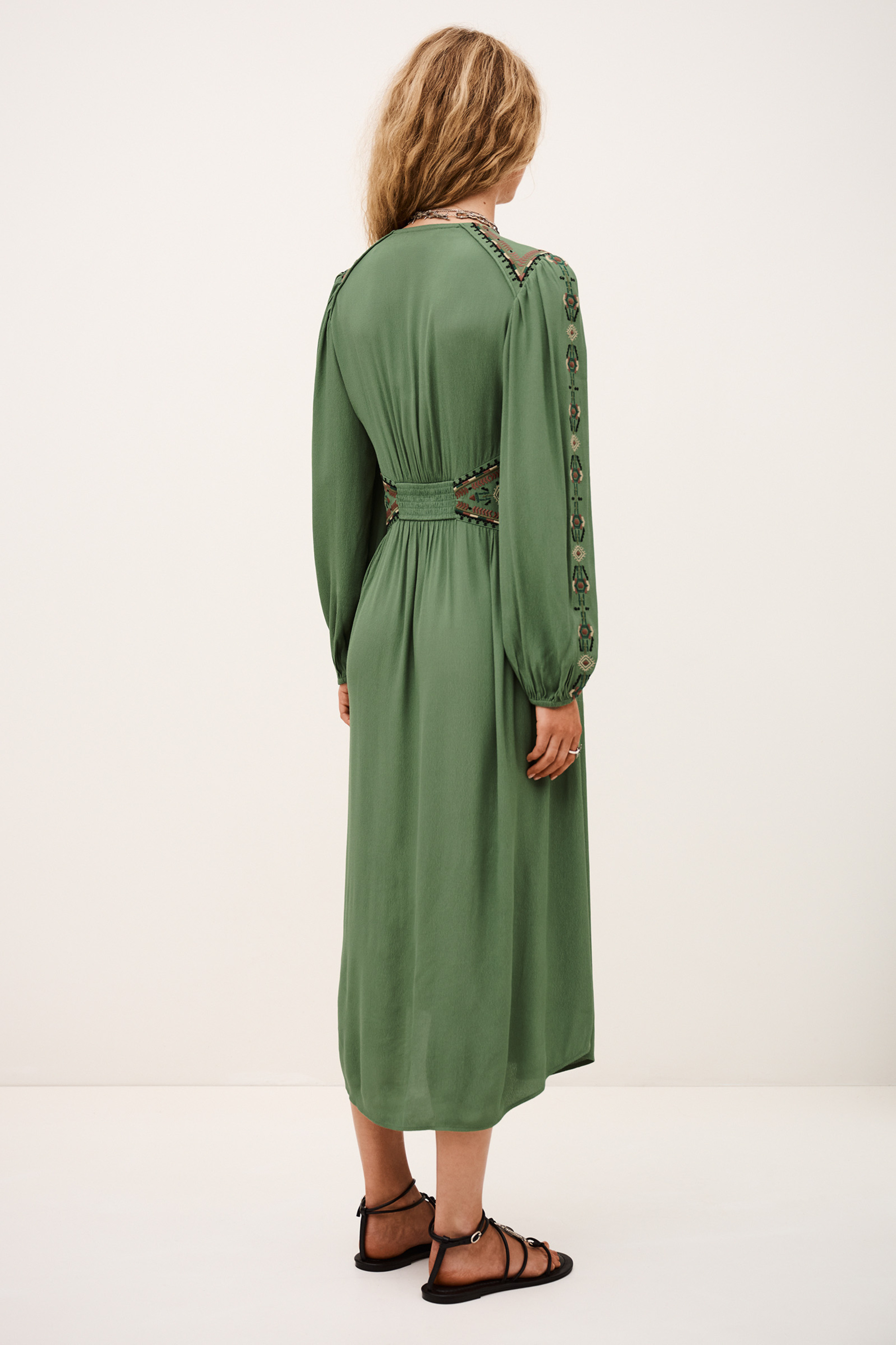 slim fit dress slacks Ba&sh Vika Ruffled Midi Dress In Green Viscose